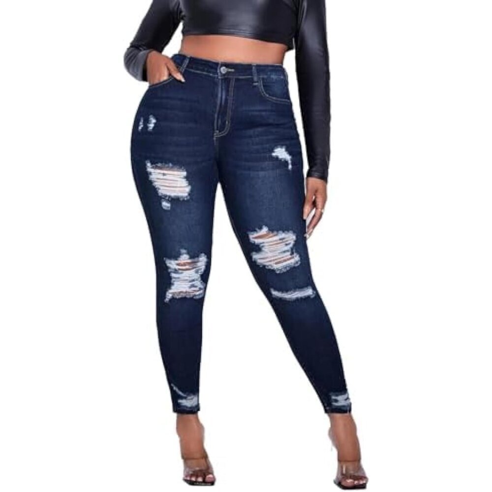 Plus Size Women Stretch Skinny Jeans High Waist Ankle Ripped Tummy Control